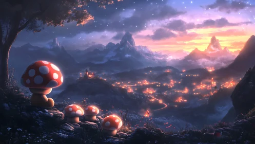 Mushroom friends overlook a glowing valley at twilight.
