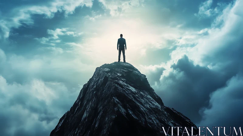 Solitary figure atop stormy peak in radiant backlight.