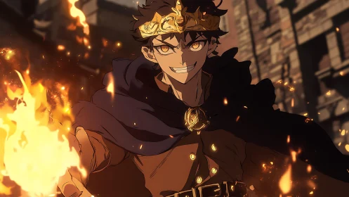 Fiery anime mage in dark cloak casting powerful flames.