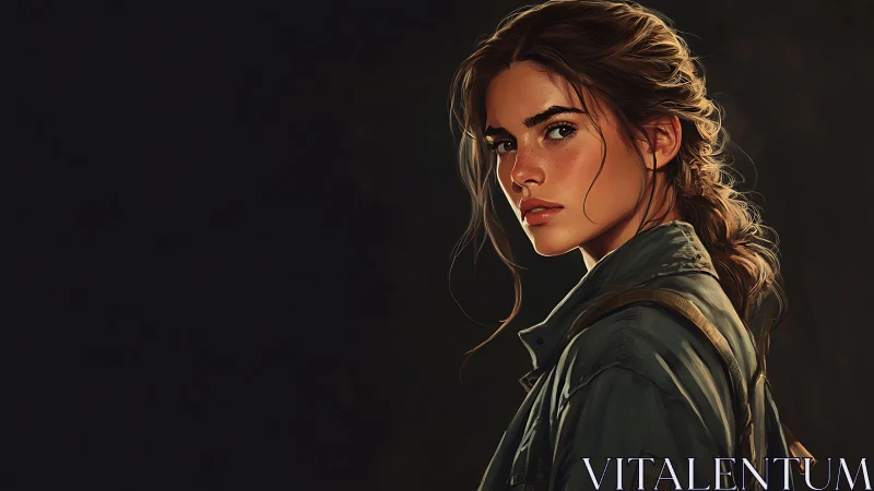 Woman in utilitarian jacket against dark neutral background.