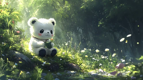 Fluffy white bear toy sits in sunlit forest clearing