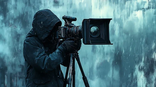 Hooded camera operator with tripod in cold outdoor setting.