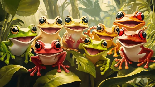 Vibrant rainforest tree frogs in stylized digital painting group portrait.