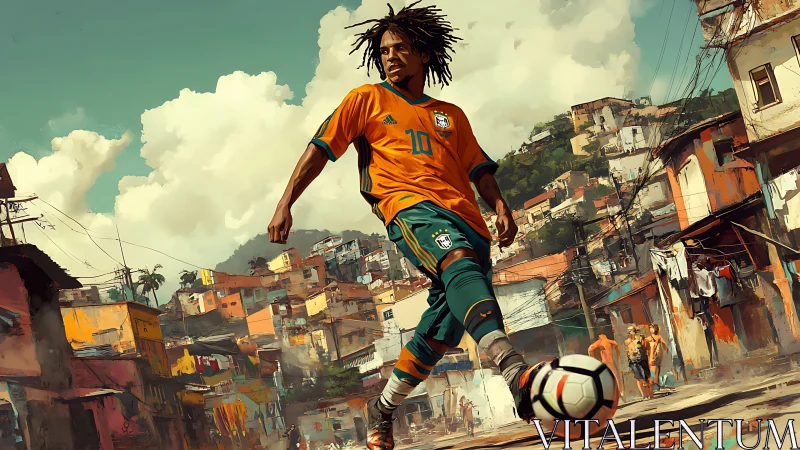 Street footballer in urban hillside settlement environment.