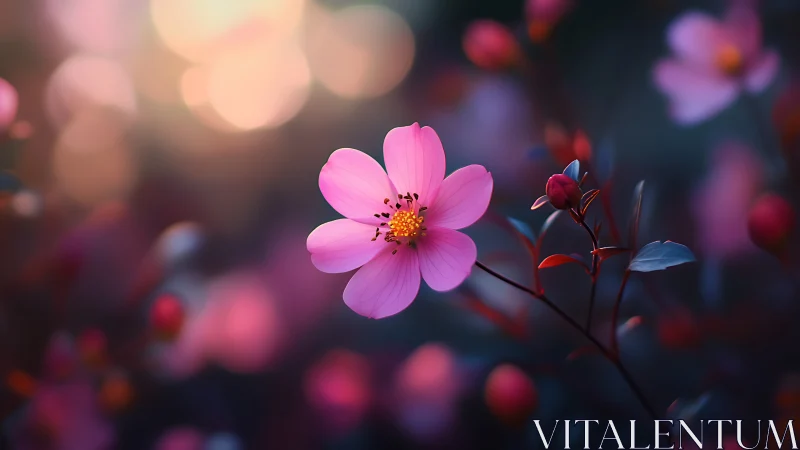 Pink Cosmos Flower in Soft Focus Garden Light.