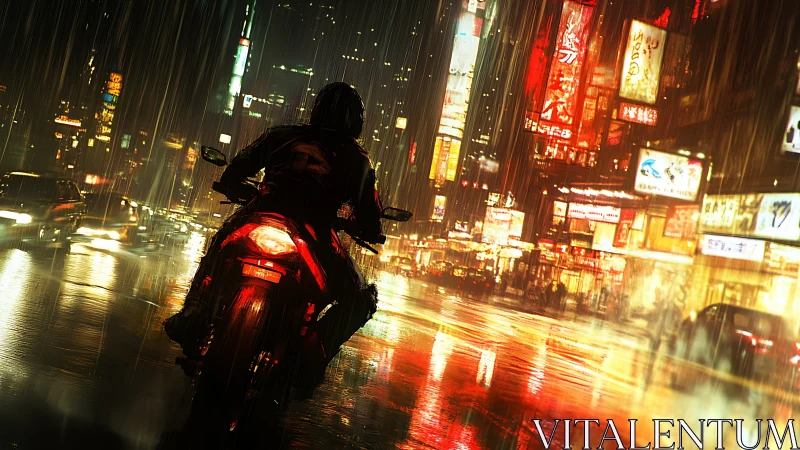 Midnight rider glides through neon city streets in rain