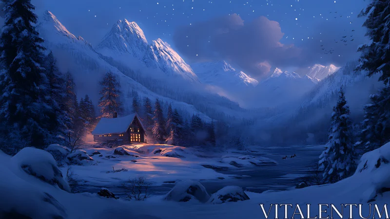 Cozy mountain cabin glows warmly in a quiet snowy valley