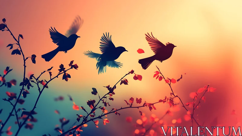Silhouetted songbirds gliding over crimson bokeh foliage.