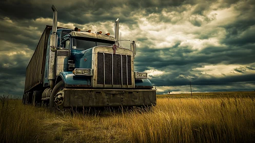 Weathered blue semi truck dominates low-angle rural landscape