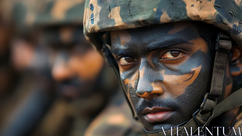 Soldier’s intense gaze conveys focus amid camouflaged ranks