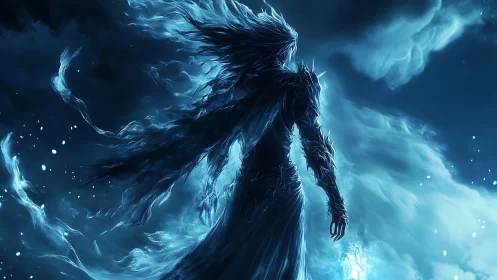 Midnight storm walker glowing in swirling blue mist.