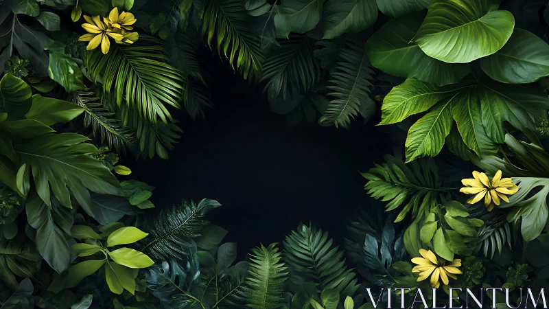 Deep green jungle window wrapped in soft golden blooms.