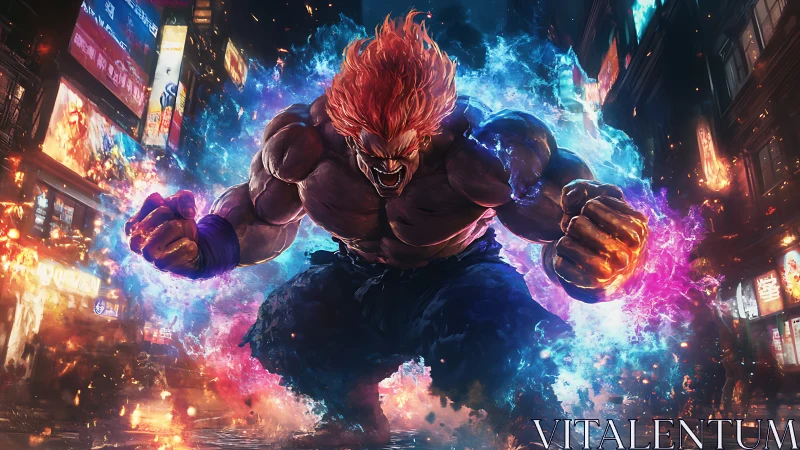 Roaring street warrior unleashes blazing energy in neon night