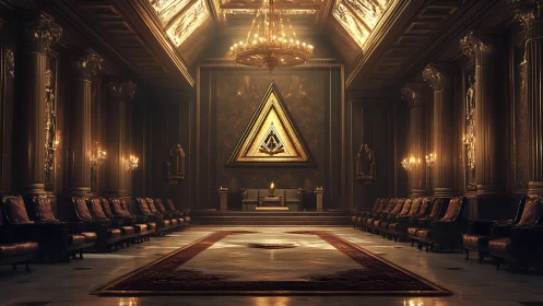 Grand golden hall with triangular emblem and chandeliers.