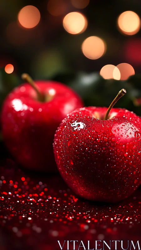Macro close-up of dew-covered red apples with festive bokeh light