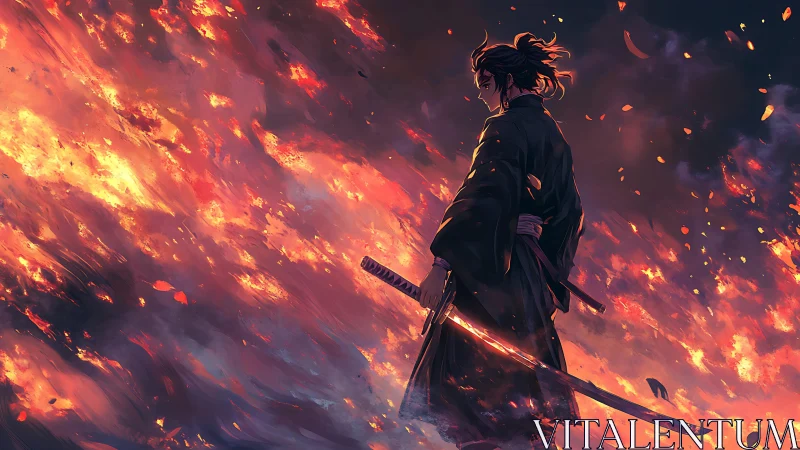 Lone samurai silhouette confronts sweeping inferno with glowing katana