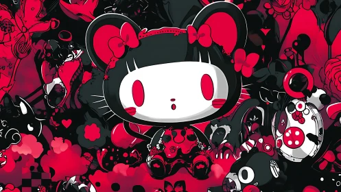 Central stylized character is surrounded by dense red forms