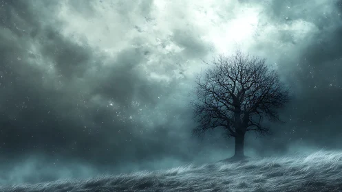 Solitary winter tree whispers beneath a stormlit sky
