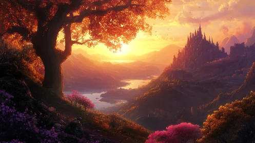 Sunlit fantasy valley frames distant castle at glowing sunset