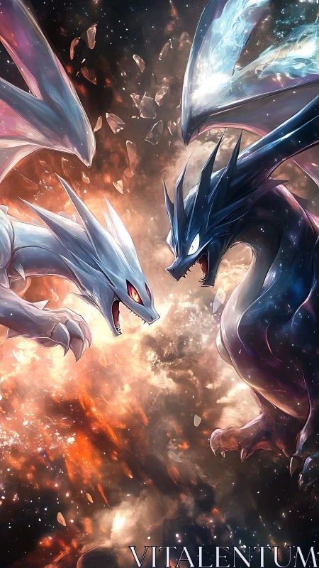 Elemental dragon duel ignites cosmic storm battlefield.