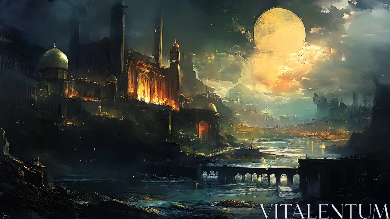 Moonlit riverside fortress city with illuminated structures.