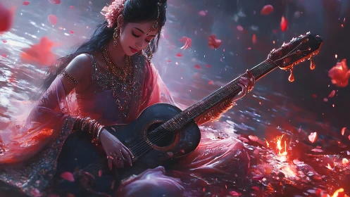 Ornate goddess musician with black guitar amid glowing water