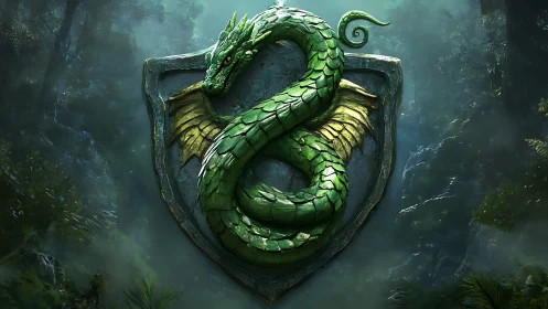 Emerald serpent sigil coils in mist over ancient forest.