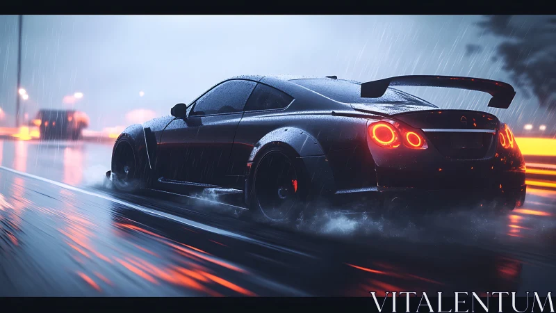 Midnight supercar racing through neon city rainstorm.