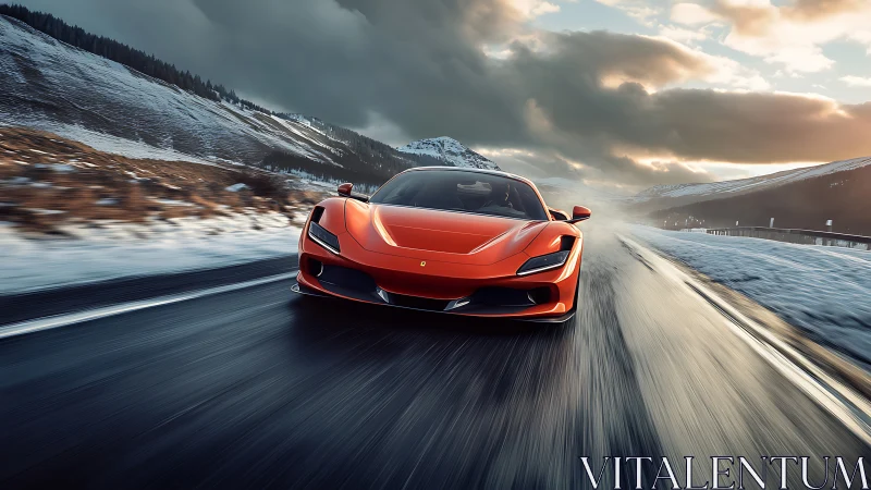 Red sports coupe on wet winter highway in mountain pass.
