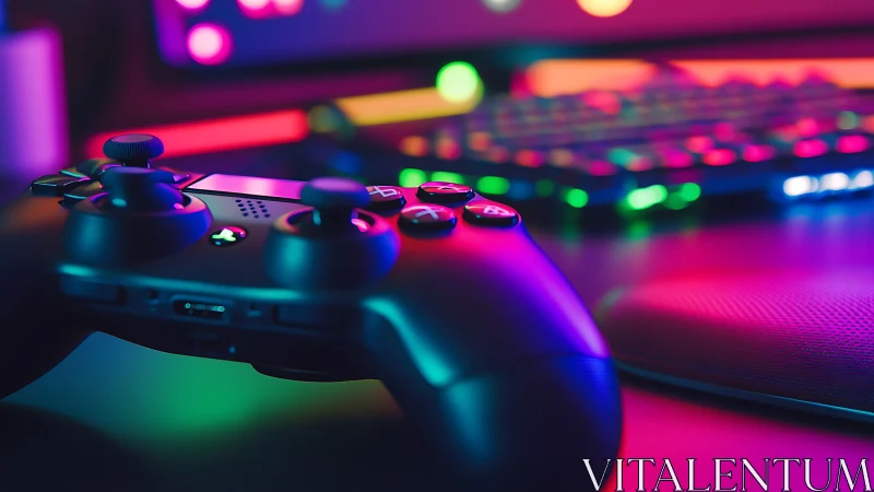 Game controller under neon RGB backlit desktop environment.
