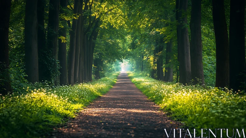Sunlit Forest Pathway with Tall Trees in Tranquil Nature Setting.