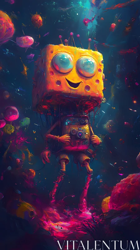 Cheerful spongebot wandering through a neon dream reef.