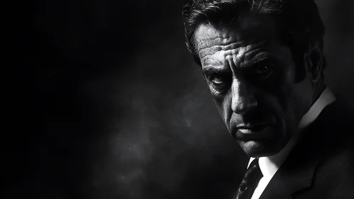 Brooding suited man in stark noir portrait lighting study.