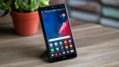 Android Smartphone on Wooden Surface with Potted Plant