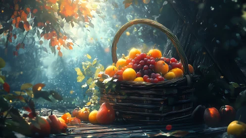 Sunlit orchard bounty glowing in an enchanted forest glade.