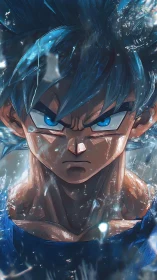 Intense blue haired warrior framed by crackling aura.