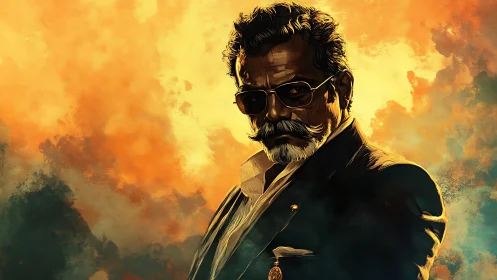 Digital painting portrait of stern elder in fiery chiaroscuro.