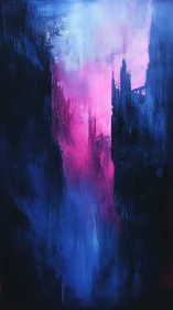 Neon magenta light cascade within deep cobalt void.