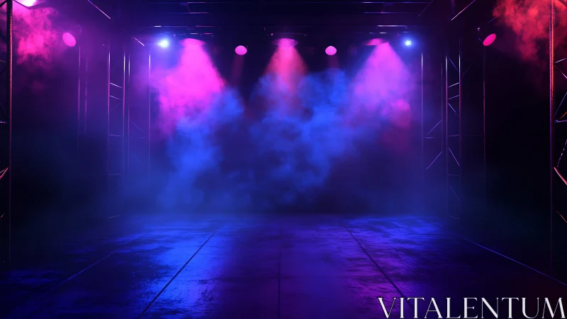 Empty stage with colored spotlights and haze in dark room.