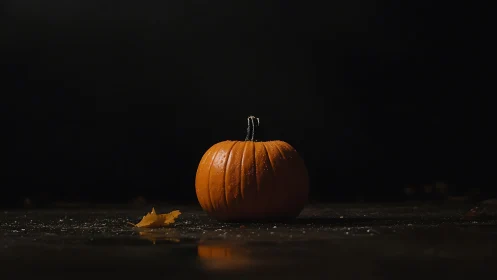 Lone pumpkin rests under dramatic low light on dark ground.