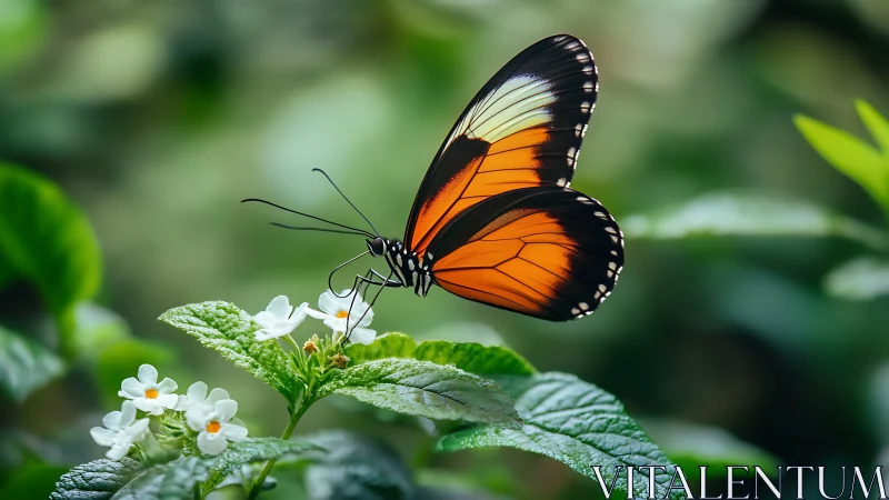 Orange and black butterfly rests on green leaf with flowers