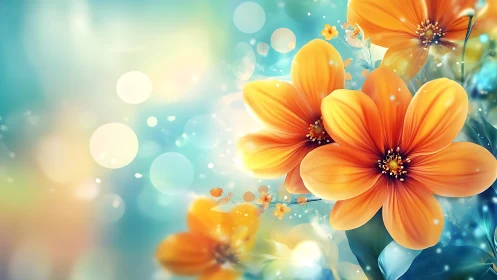 Vibrant Orange Cosmos Flowers With Bokeh Light Effects and Turquoise Gradient