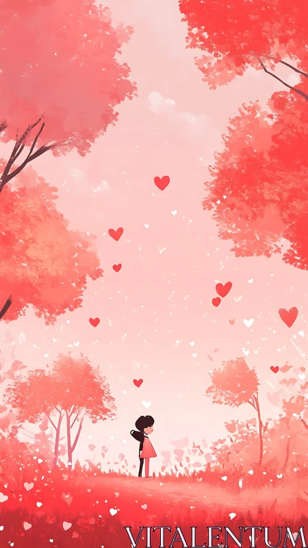 Figure Standing in Red Landscape with Falling Hearts.