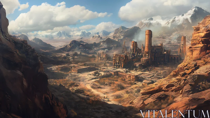 Rust-colored desert megafactory broods beneath snowy peaks