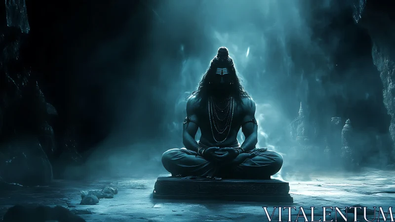 Meditating figure sits in a dim cave under directional blue light