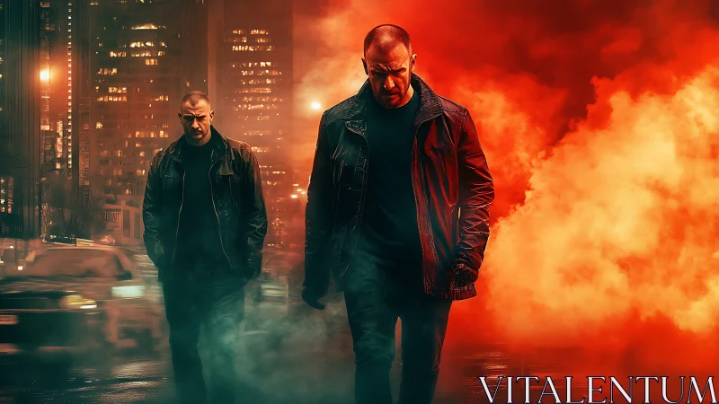 Brooding antihero strides through neon smoke-soaked city streets.