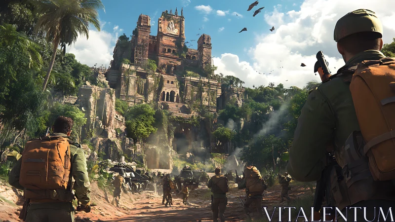 Jungle soldiers advance on colossal ruined fortress at dawn.