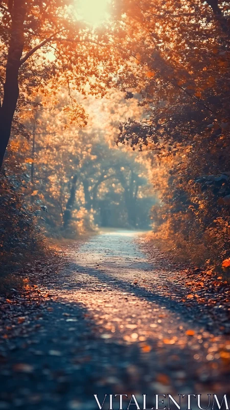 Golden Autumn Tunnel: Sunlit Tree-Lined Path.