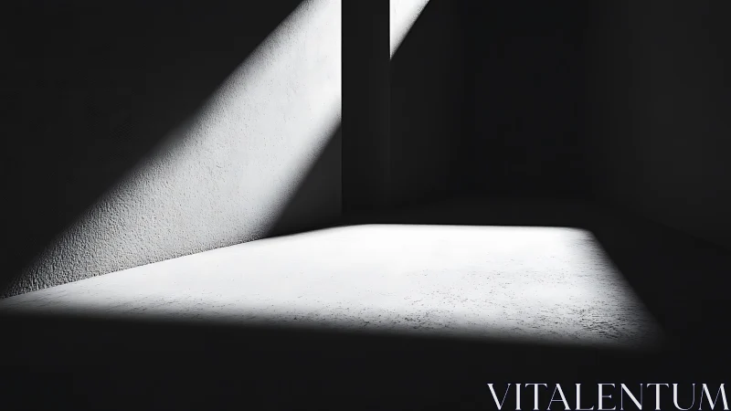 Oblique volumetric daylight slicing a minimal concrete room.