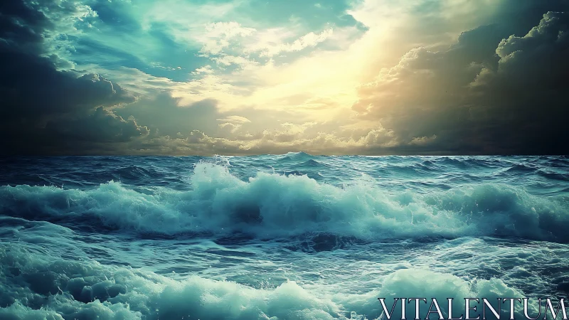 Tempest-touched ocean dancing beneath a molten sky.